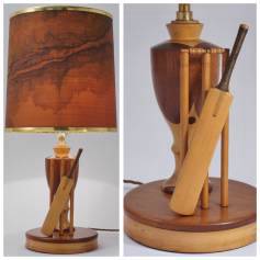 Marquetry wood inlaid table lamp, sport cricket theme, 1950`s ca, English